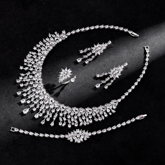 2024 New 4-piece Bride Zirconia Women's Party Jewelry Set, Deluxe Dubai Nigeria CZ Crystal Wedding Necklace Set