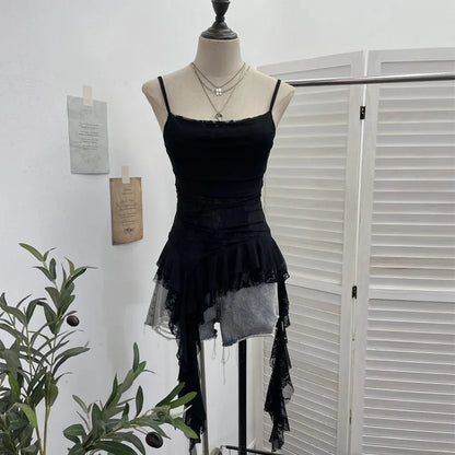 Summer Y2K Camisole for Women Casual Spaghetti Straps Double Layers Lace Stretch Mesh Patchwork Asymmetrical Slim Tops
