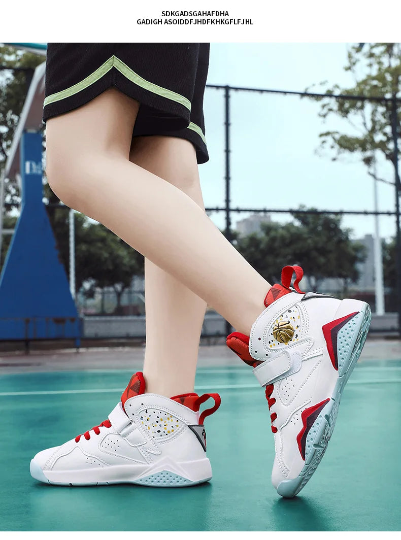 Children Summer High Top Basketball Shoes Boy Breathable Anti Slip Casual Sneakers Man Velcro Non Slip Rebound Kid Running Shoes