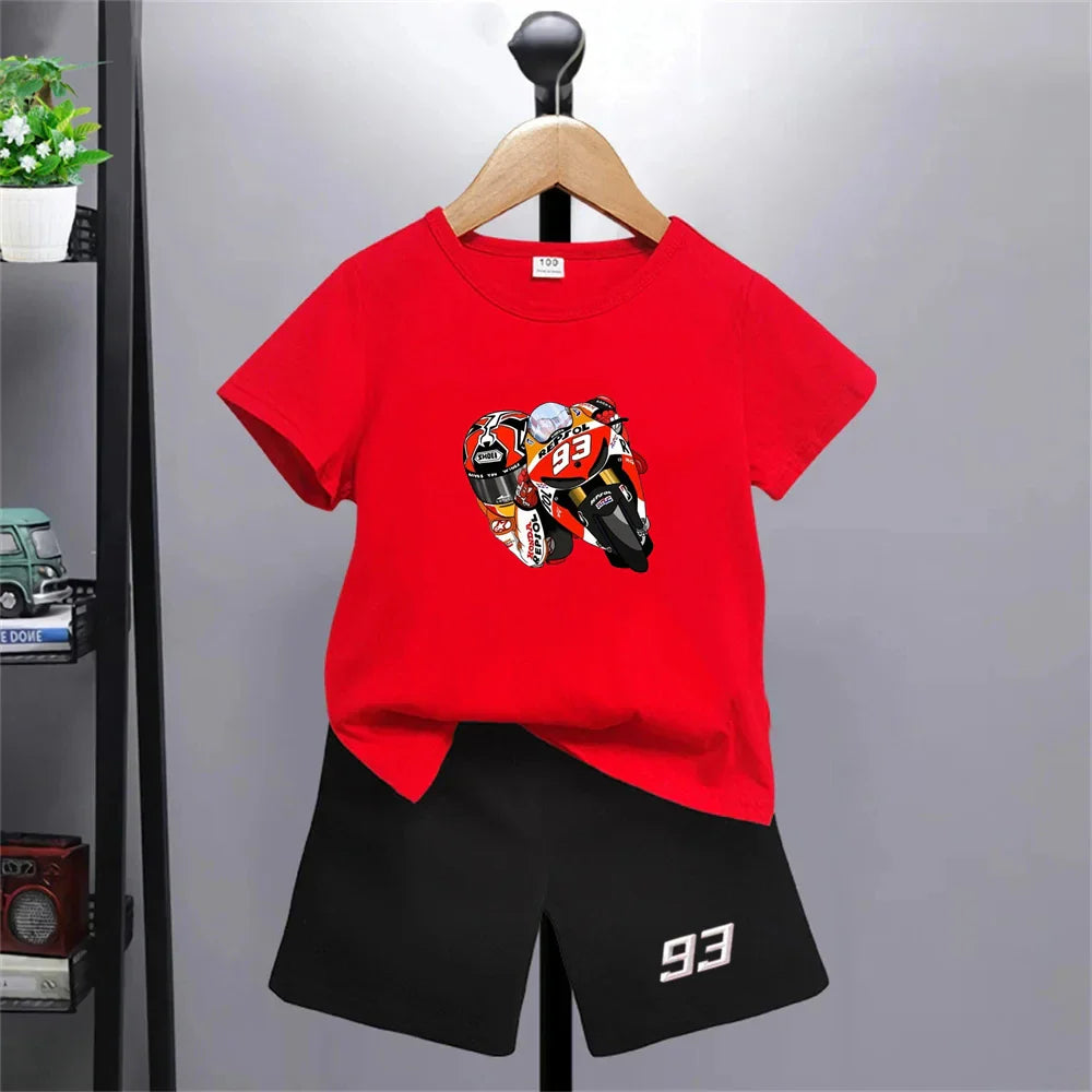 Summer red Short Sleeve T Shirt +shorts 2 Piece Motorcycle race car number 93 Children Clothes Casual Boy Girl Kid Tracksuit