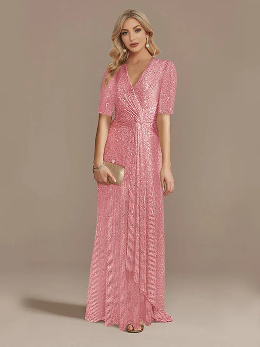 Luxury Pink Floor Length V-Neck Evening Dress 2025 Women Elegant Party Maxi Dress Sequin Short Sleeves Prom Cocktail Gowns