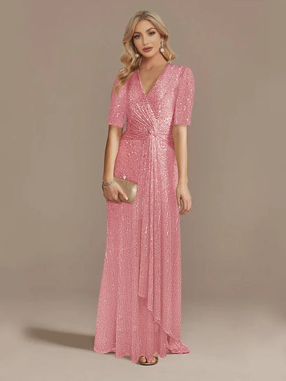 Luxury Floor Length V-Neck Evening Dress 2025 Women Elegant Party Maxi Dress Sequin Short Sleeves Prom Cocktail Gowns