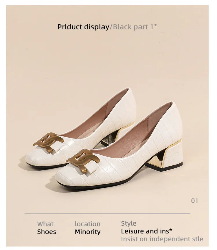 Plus Size 35-43 Women Pumps Med Heel Square Toe Pumps Office Lady Leahter Shoes Big Gold Metal Chain Soft Soles Slip on Shoes