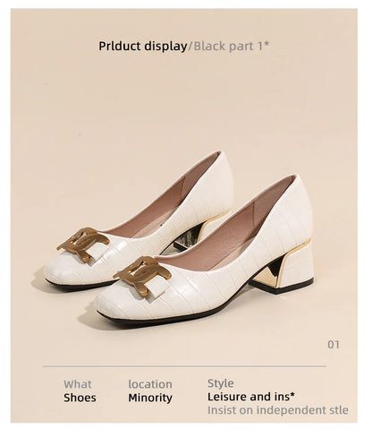 Plus Size 35-43 Women Pumps Med Heel Square Toe Pumps Office Lady Leahter Shoes Big Gold Metal Chain Soft Soles Slip on Shoes