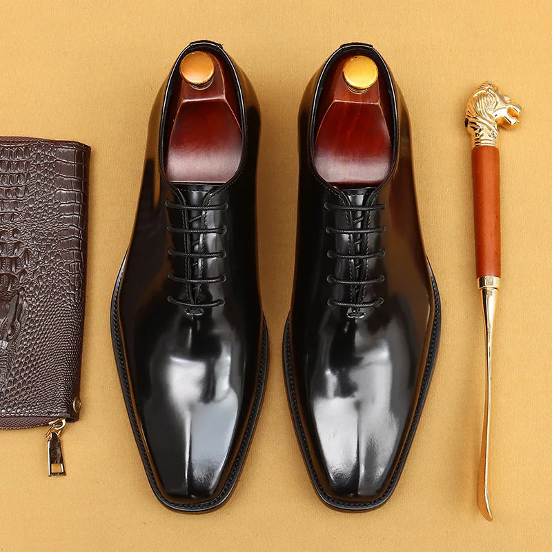 Genuine Leather Shoes for Men Dress British Business Party Lace Up Black Square Toe Fashion Casual Formal Suit Handmade Men Shoe