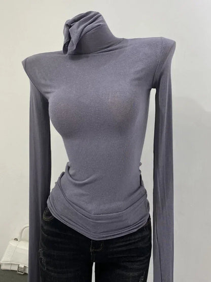 Slim High Quality Plain T Shirt Women Cotton Elastic Basic Female Tops Long Sleeve Sexy Thin T-shirt See Through