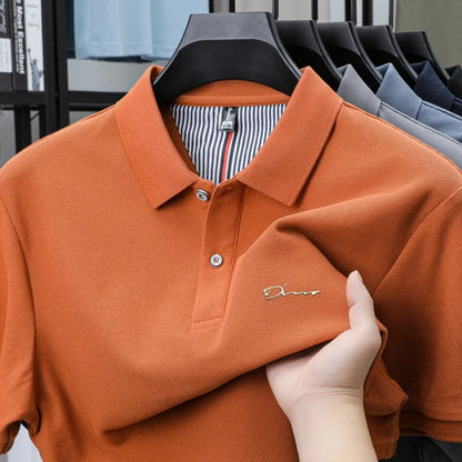 Brand 100%pure cotton short sleeve polo shirt men's new fashion letter embossed business casual solid color summer lapel T-shirt