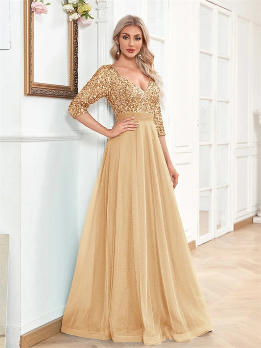 Luxury Gold Floor Length V-Neck Tulle Splicing Evening Dress Women Elegant Party Maxi Sequins Short Sleeves Cocktail Gowns