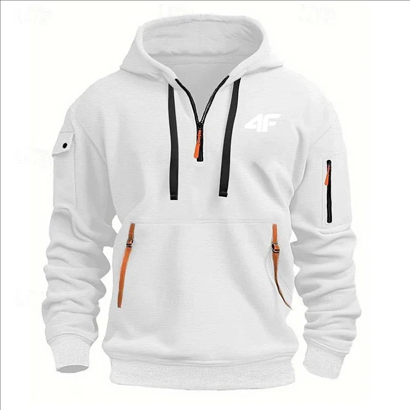 Men's hooded sweater casual sports jumper vintage Harajuku long sleeve zipper multi-pocket casual loose coat Street
