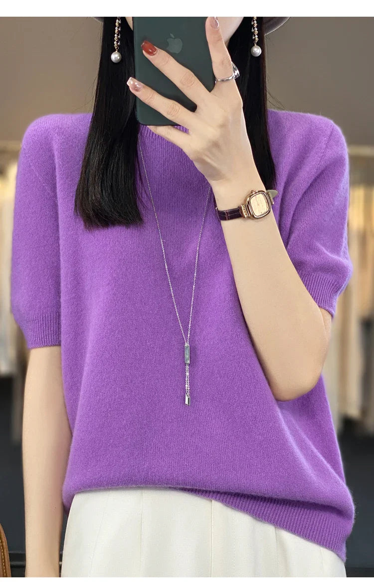 100% pure wool T-shirt spring and summer new women's O-neck pullover short sleeve loose five-sleeve sweater high-end top