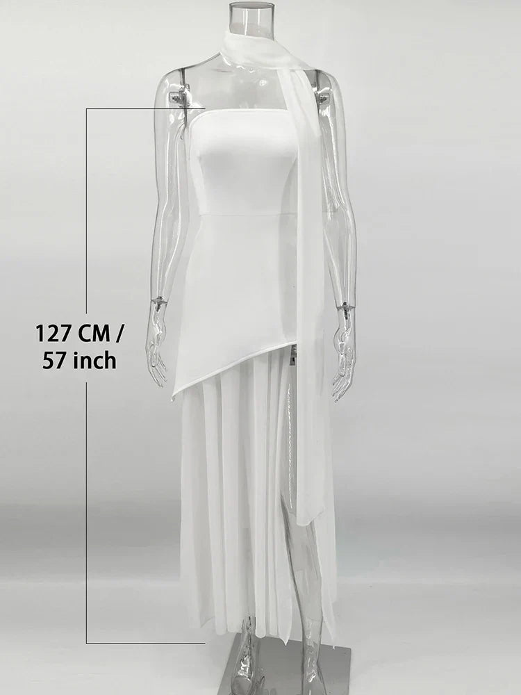 Fashion Strapless Dress With Ribbon Female Elegant Sleeveless Mesh Beach Vacation Long Dress 2025 Spring New Women Dress