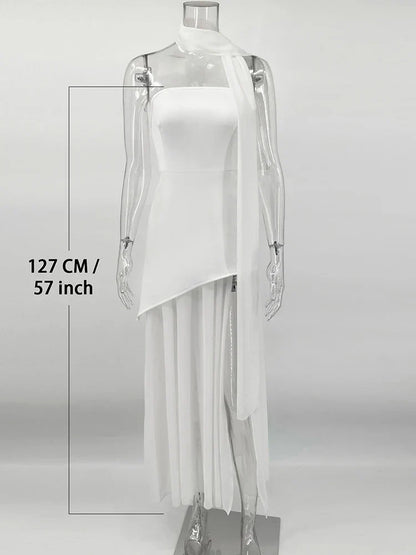 Fashion Strapless Dress With Ribbon Female Elegant Sleeveless Mesh Beach Vacation Long Dress 2025 Spring New Women Dress