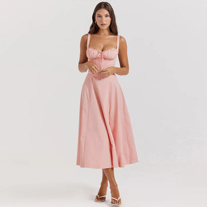 Women's Summer Floral Print Dresses Sweet Elegant Midi Holiday Dress Casual Slit Blue Lace Up Dresses 2023