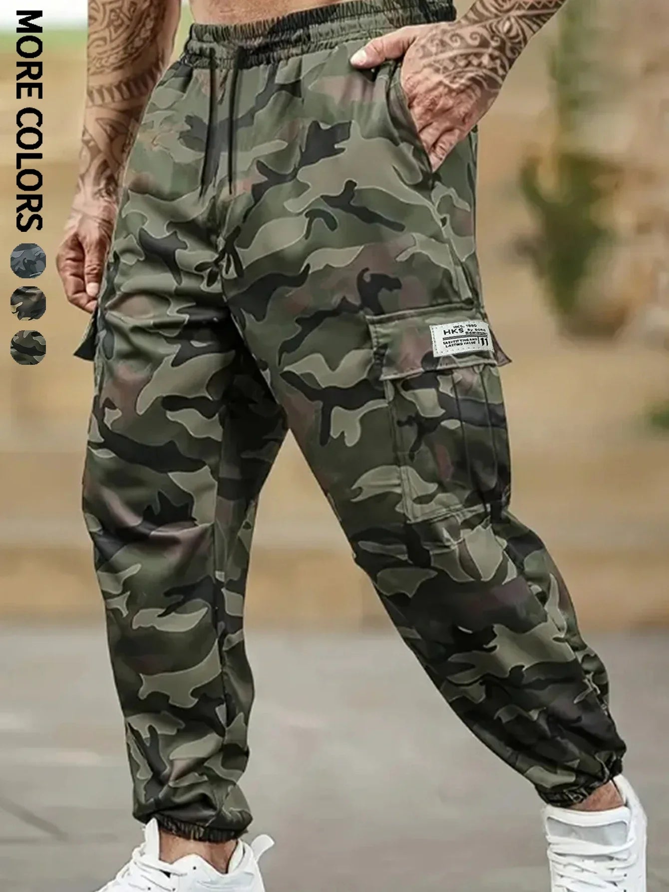 Men's Plain Sports and Casual Trousers with Drawstring Elastic Waist, Camouflage, with Pockets, Suitable for Outdoor Camping, Hiking and Mountaineering, Exercise and Fitness