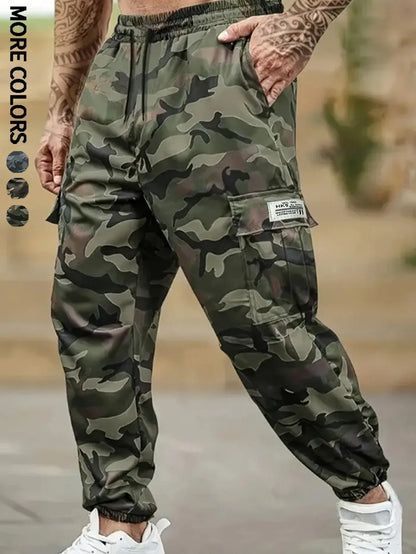 Men's Plain Sports and Casual Trousers with Drawstring Elastic Waist, Camouflage, with Pockets, Suitable for Outdoor Camping, Hiking and Mountaineering, Exercise and Fitness
