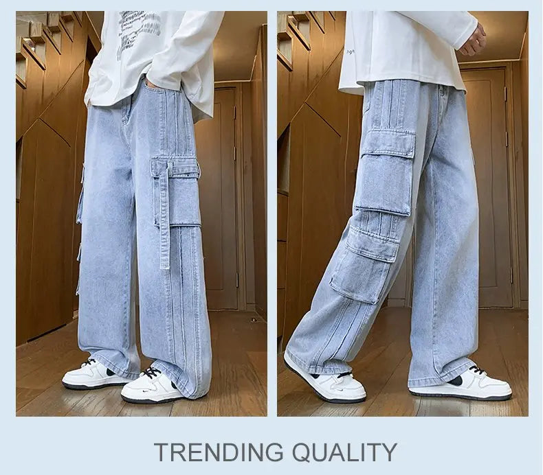 2025 Autumn New Men's Loose Jeans Multi-pocket Work-wearing Jeans Street Hip-hop Straight Wide-leg Pants Baggy Dance Pants