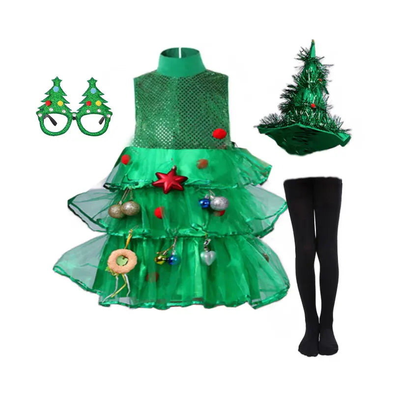2 4 6 8 10 Yrs Fancy Christmas Tree Dress for Little Girls Xmas Party New Year Frock Kids Santa Claus Lovely Pinetree Ball Gown