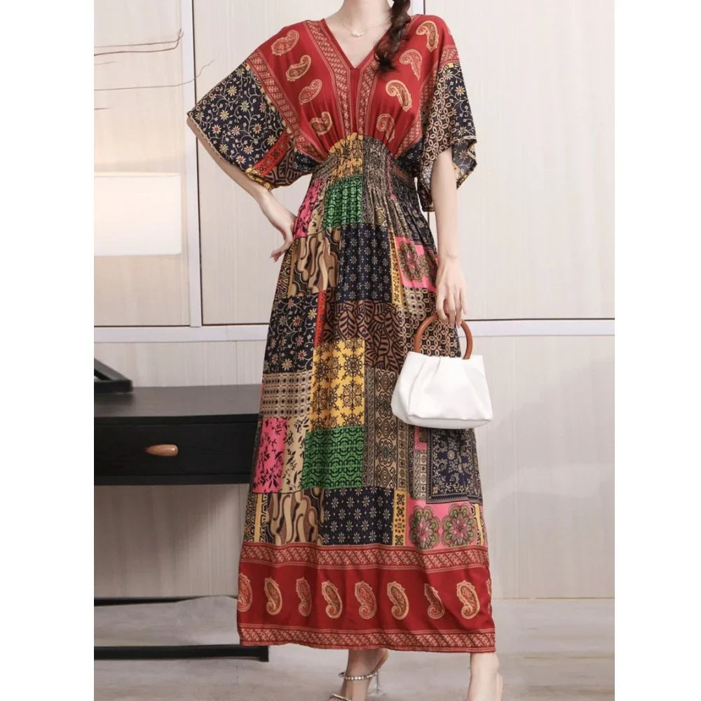 Flower V-neck Elastic Youthful Bohemian Sweet Midi Dress Woman Clothes Chic Fashion Summer Dresses 2025 Large Swing Ski