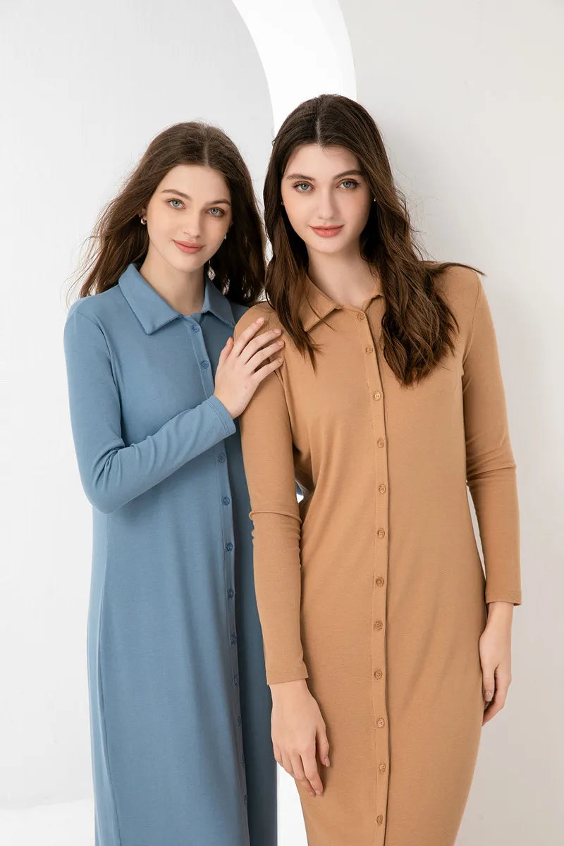 Maxi dress button design woman clothes full sleeve Ankle Length comfortable ribbing clothing  ( Ship out in 1 day)