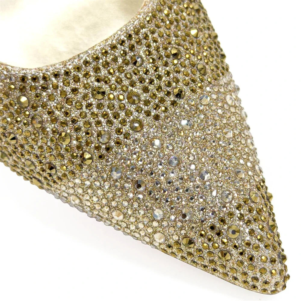 High Heels Shoes for Women Embroidery Rhinestone Italian Design Gold Color Pointed Toe Shoes and Bags Set Fashio