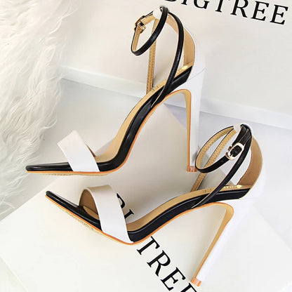 Women Black-White Concise Leather 11cm High Heels Sandals Lady Adjustable Ankle Buckle Shoes Female Fashion Party Dress Shoes
