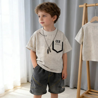 Kids 2-Piece Summer Casual Set - Short Sleeve T-Shirt with Pocket Print & Gray Denim Shorts for Boys Children's Fashion Outfit