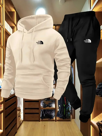 Men's Autumn and Winter Pattern Casual Two-Piece Set Hooded Sweatshirt and Pants with Pockets Regular Fit Outdoor Sport Suit