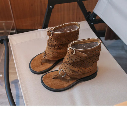 Ankle-strap Summer Slouchy Boots for Girls Suede Leather High-top Sandals Princess Cut-outs Flip Flop Dress Shoes Child J03203