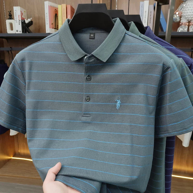 2026 New Summer Pure Cotton Short Sleeved Business Polo Shirt Men's Lapel Breathable Casual Versatile Top Striped T-shirt