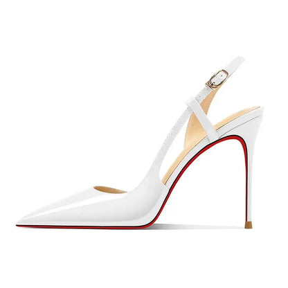 New silver patent leather flat buckle sandals with pointed edges and slim heels, stylish and stylish, worn in the backless style