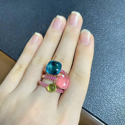Conjunto de 3 anéis empilháveis ​​Nudo para mulheres, conjunto com cores mistas, cristais tipo bala incrustados, zircônia, ametista, topázio azul, joia redonda, presente