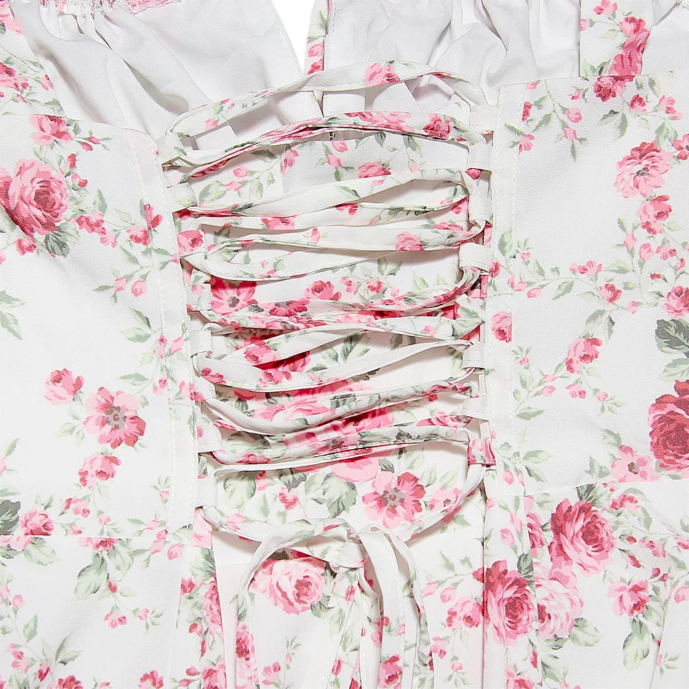 Women's Summer Floral Print Dresses Sweet Elegant Midi Holiday Dress Casual Slit Blue Lace Up Dresses 2023