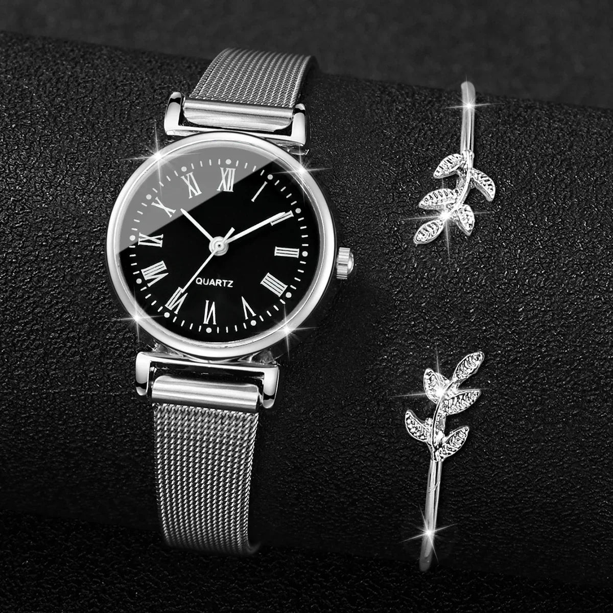 2PCS Fashion Women Quartz Watch Steel Mesh Band Watches Opening Cuff Bracelet Bangle Set（Without Box）