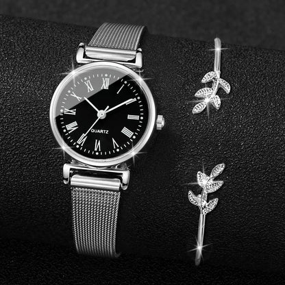2PCS Fashion Women Quartz Watch Steel Mesh Band Watches Opening Cuff Bracelet Bangle Set（Without Box）