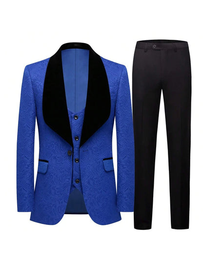 Men's three-piece floral jacquard slim-fitting suit set, including paisley pattern suit jacket, vest, and pants, suitable for ba