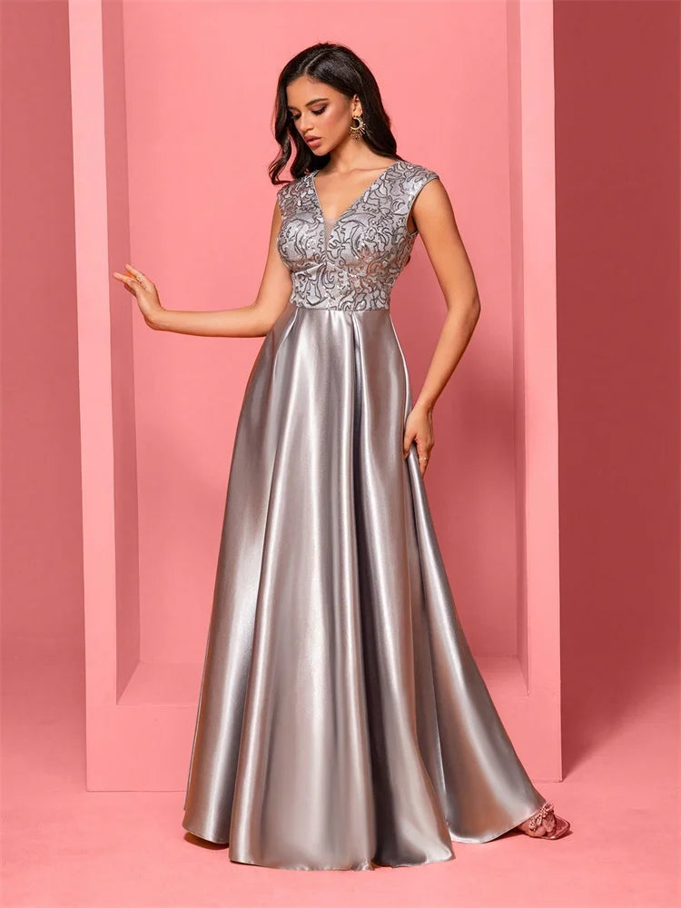 New Luxury Gold Satin V-Neck Sequins Embroidery Formal Evening Dresses Women Long Elegant Wedding Party A-line Cocktail Gowns