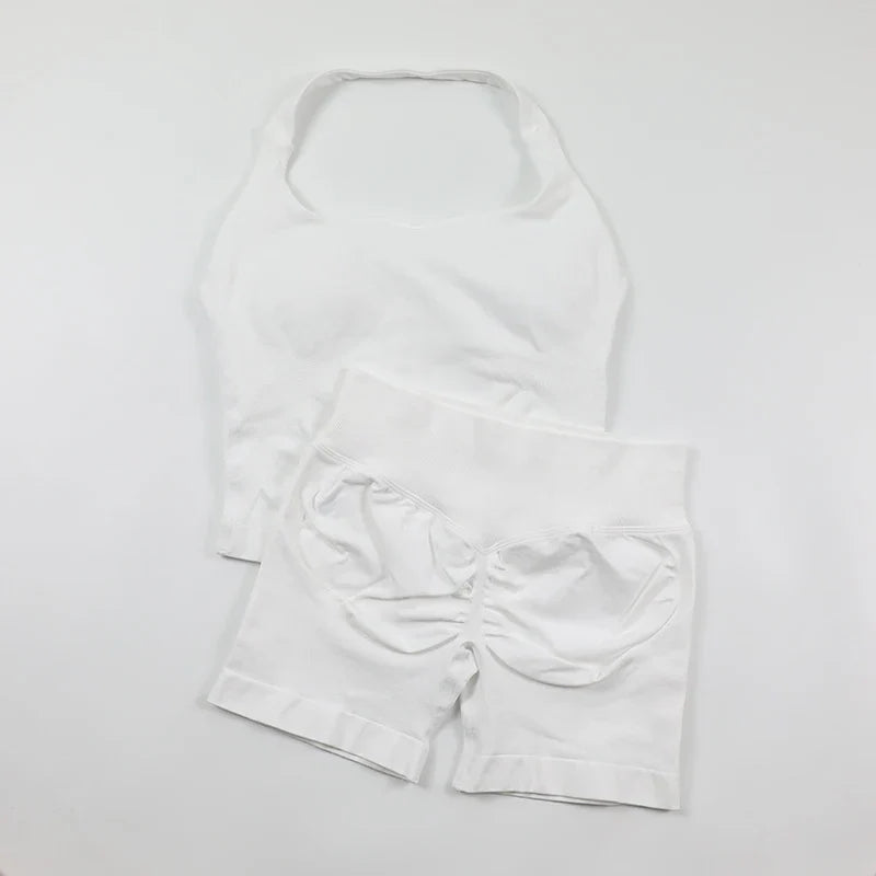 Seamless Yoga Set Womens Backless Halter Tank Top Ribbed Waist Gym Shorts 2 Piece Sets Women Outfit Workout Clothes
