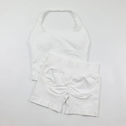 Seamless Yoga Set Womens Backless Halter Tank Top Ribbed Waist Gym Shorts 2 Piece Sets Women Outfit Workout Clothes