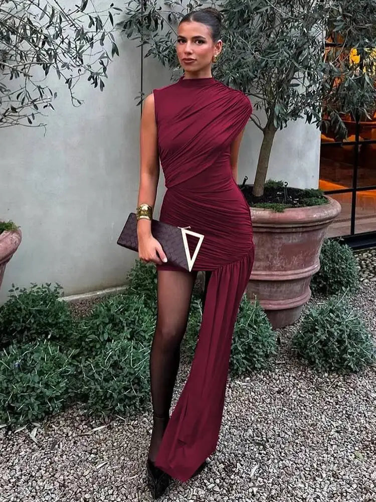 Summer Draped Ruched Sexy Mini Dress Women 2025 New Irregular High Waist Slim Fit Dress Female Elegant Club Tank Dress