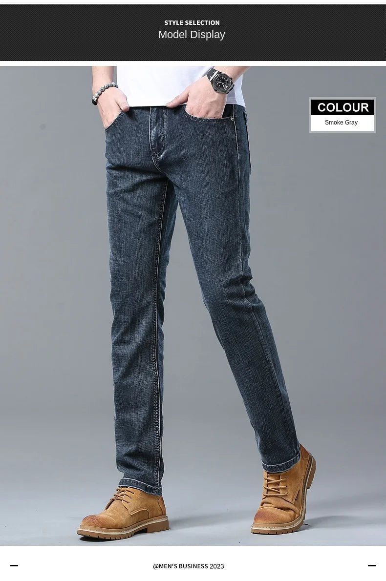 2026 Brand New Men  Straight Blue Gray Jeans Business Fashion Classic Style Cotton Stretch Denim Pants Male Brand Trousers