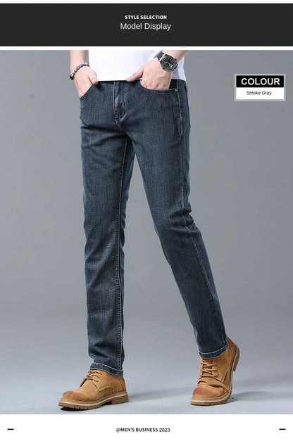 2026 Brand New Men  Straight Blue Gray Jeans Business Fashion Classic Style Cotton Stretch Denim Pants Male Brand Trousers