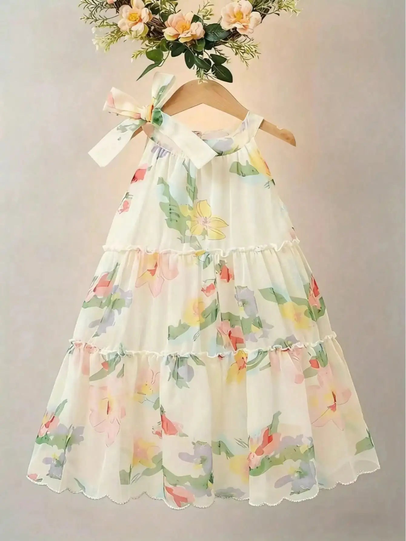 Girls' Floral Chiffon Princess Dress Summer Chic Boho Style Knee-Length with Bow Detail Perfect for Beach And Parties