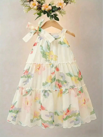 Girls' Floral Chiffon Princess Dress Summer Chic Boho Style Knee-Length with Bow Detail Perfect for Beach And Parties