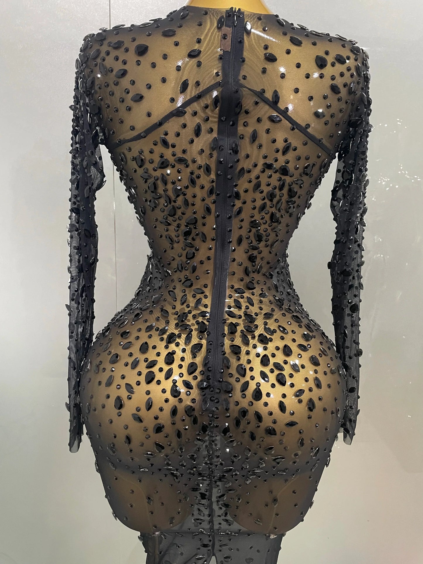 Shinny Rhinestone Stretch Mesh Transparent Long Dress 2025New Women Evening Birthday Party Prom Nightclub Singer Stage Wear