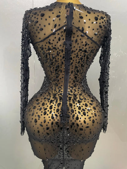 Shinny Rhinestone Stretch Mesh Transparent Long Dress 2025New Women Evening Birthday Party Prom Nightclub Singer Stage Wear