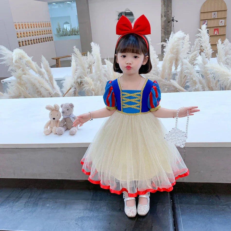 Summer Snow White Dress for Girls Breathable Puffed-Sleeve Tulle Princess Dress Snow White Themed Party Gown Halloween Costume