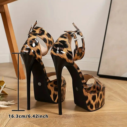 Summer Leopard Print Rivets Women's Sandals Round Toe Thin Heels 16.3cm Platform Ankle Buckle Straight Strap Ladies Pumps Shoes