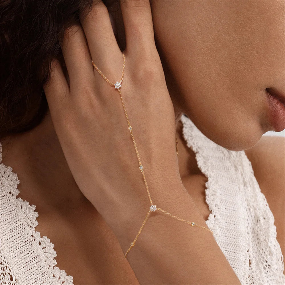 Dainty 5A Zircon Finger Ring Chain Bracelets Flower High Carbon Bracelet for Women Girl Adjustable s925 Silver Jewelry Gift