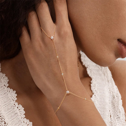 Dainty 5A Zircon Finger Ring Chain Bracelets Flower High Carbon Bracelet for Women Girl Adjustable s925 Silver Jewelry Gift