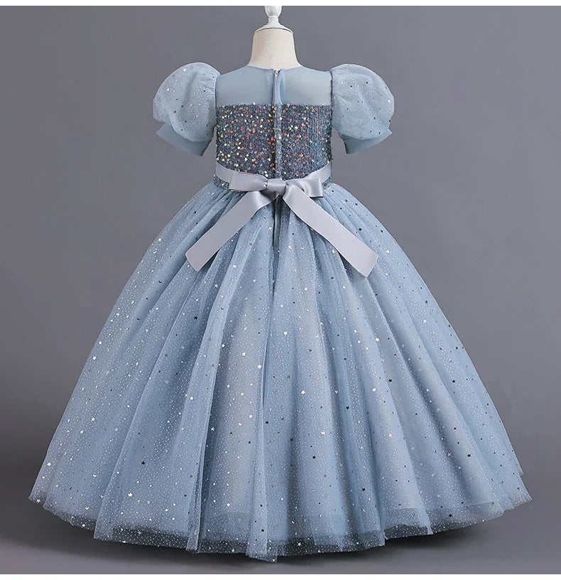 Children's Dress Girls' Princess Sequin Bubble Sleeve Long Mesh Flower Little Girl Wedding For Summer